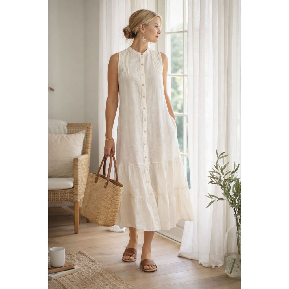 MagaSchoni 100% Linen Midi Dress Womens M Sleeveless Button Front Tiered Coastal - Picture 1 of 16